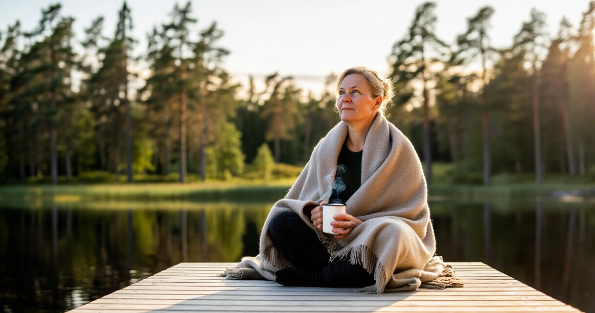 Nainen istuu järven rannalla auringonlaskussa nauttien hetkestä