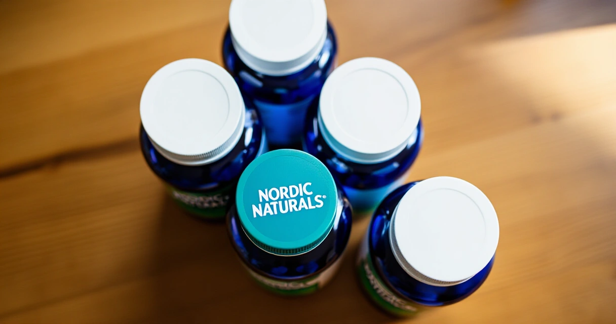 Nordic Naturals ravintolisäpurkit puupinnalla luonnonvalossa
